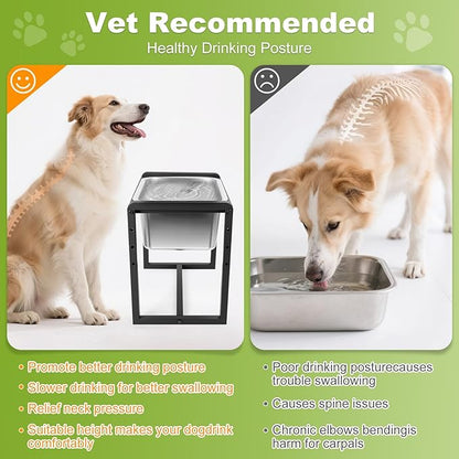 Adjustable Height Elevated Large Dog Water Bowls with Stainless Steel Bowls and Metal Stand，4-Level (8/10/12/14 Inches) Pet Bowl for Dogs for Large Medium Dogs - Durable, Easy to Clean (2.4gallon)