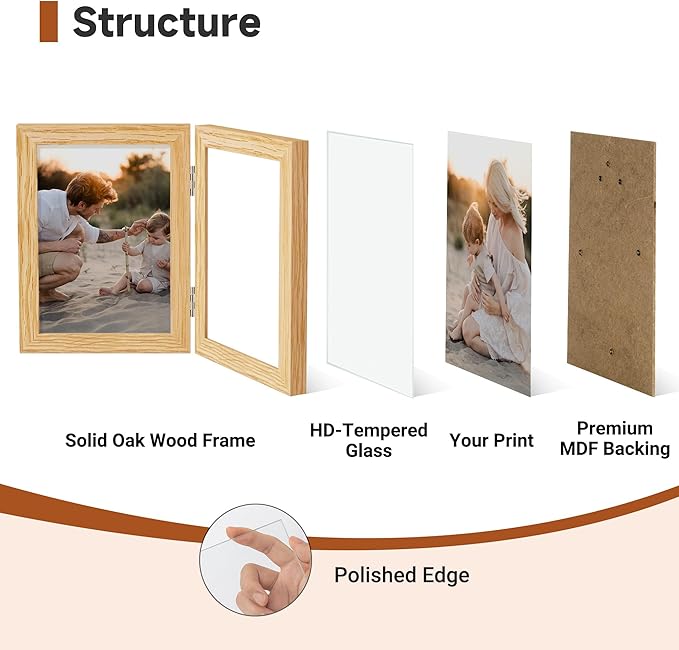 Axeman 4x6 Double Picture Frame - Solid Oak Wood Vertical Hinged 4x6 Photo Frame 2 Opening Folding Family Frames Collage With Real Glass for Tabletop Display, Hanging Hardware Included | Natural