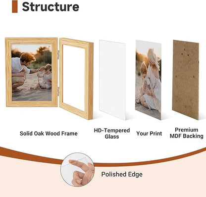 Axeman 4x6 Double Picture Frame - Solid Oak Wood Vertical Hinged 4x6 Photo Frame 2 Opening Folding Family Frames Collage With Real Glass for Tabletop Display, Hanging Hardware Included | Natural