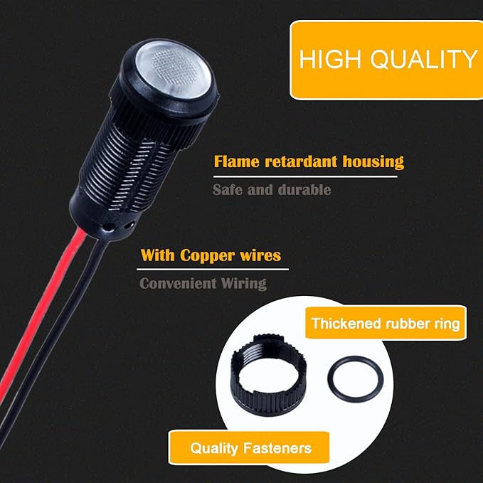 5pcs 10mm LED Indicator Light Plastic Black Signal Dot Lamp 110-220VAC 2/5" Mounting Hole Size with 15cm/5.9in. Wire (White LED)