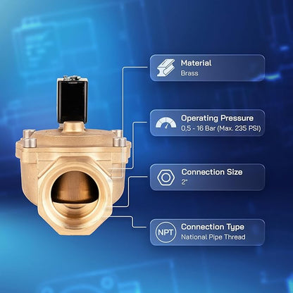 UNOX 2 inch NPT Solenoid Valve 24V DC, Brass Control Valve Normally Closed - 7-232 PSI Multi-Purpose Reliable Control Valve for Water, Air, and Gas - Solenoid Valves