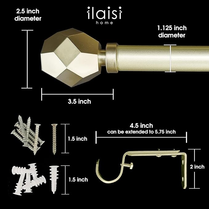 1-1/8 Inch Diameter Champagne Gold Curtain Rod with Geometric Faceted Finials, 72-144'' Telescoping Single Curtain Rods for window width 68-140 inch, 1 pack