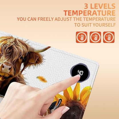 Heated Mouse Pad, Warm Desk Pad, Keyboard Mat 23.6 x 14 Inch Large Size Intelligent Fast Heating, 3 Speed Adjustable, Timed Auto Power Off for Game Office Home, Sunflower Highland Cattle