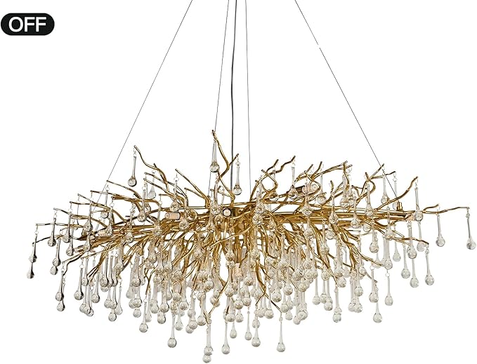Modern Crystal Rectangular Chandelier for Dining Room, 47.24inch Gold Branch Lighting Raindrop Large Kitchen Island Hanging Light Fixture for High Ceiling Living Room Bedroom Foyer