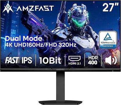 Amzfast 27’‘ 4K Gaming Monitor HDR 400, UHD 160Hz 144Hz | FHD 320Hz 300Hz Dual Mode PC Monitor, Built-in Speakers 1ms Fast IPS, 126% sRGB PIP/PBP, 2* HDMI 2.1 & 2* DP 1.4 VESA (HDMI DP Dual Cables)