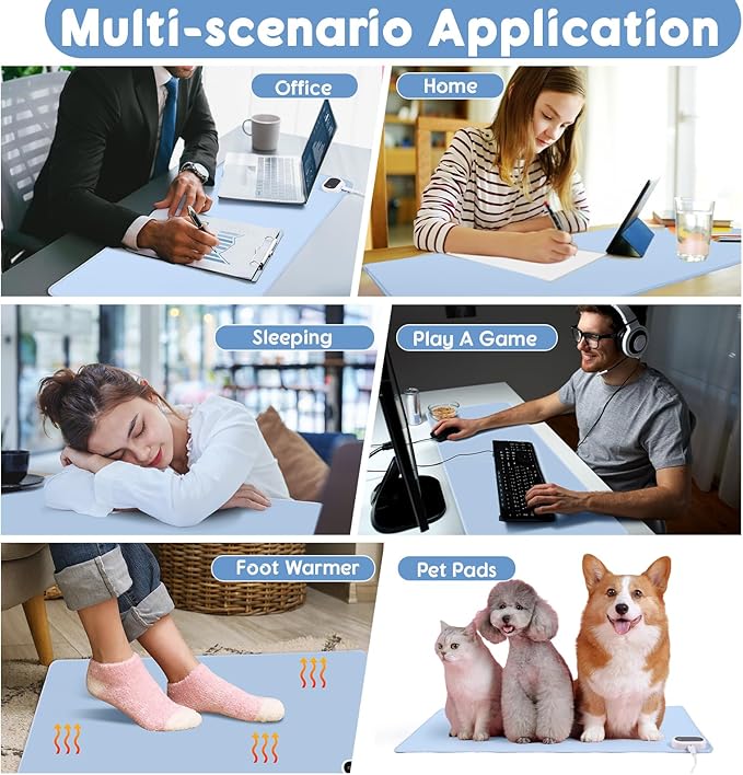 Konohan Heated Large Desk Mat PU Leather Warm Mouse Pad with 5 Heating Level & 4 Hour Auto Shut-Off Heating Keyboard Pad Warmer Gaming Mice Mat Only Supports 110v(Gray-Blue Color,31.5" X 13")