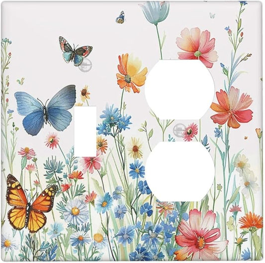 Decorative Outlet Covers Rustic Wildflower Blue Pink Floral Butterfly 2 Gang Light Switch Cover Plate Single Toggle Duplex Wall Plates for Electrical Outlets Switch Plate Covers for Home Decor