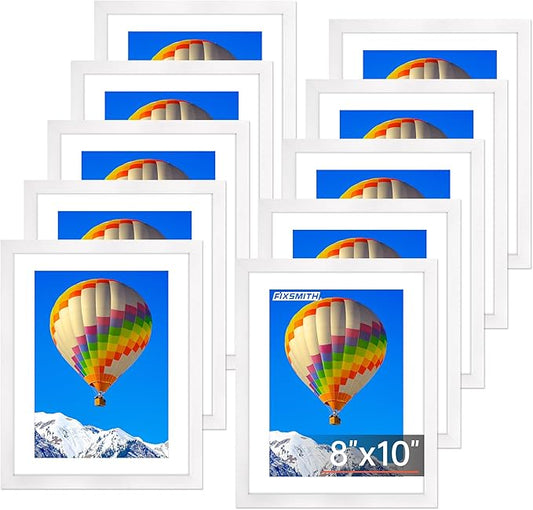 FIXSMITH 8x10 Picture Frame Set of 10, White Photo Frames Bulk with HD Plexiglass, Display Pictures 5x7 with Mat or 8x10 Without Mat, Multi Picture Frames Collage for Tabletop or Wall Display