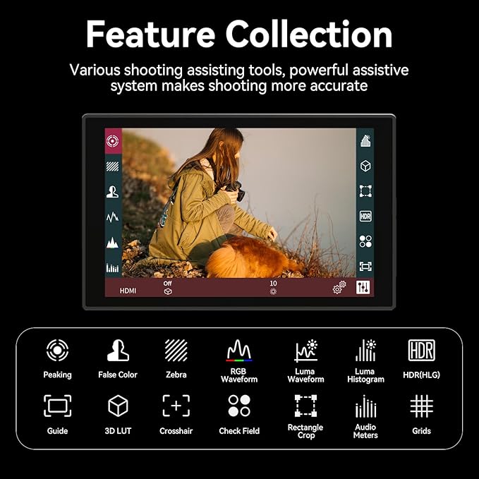Portkeys HD7T Camera Field Monitor 7'' 1000nit High Brightness Touchscreen Camera Monitor with Top Shortcut Keys Suitable for DSLR with S0NY NP-F550 Battery