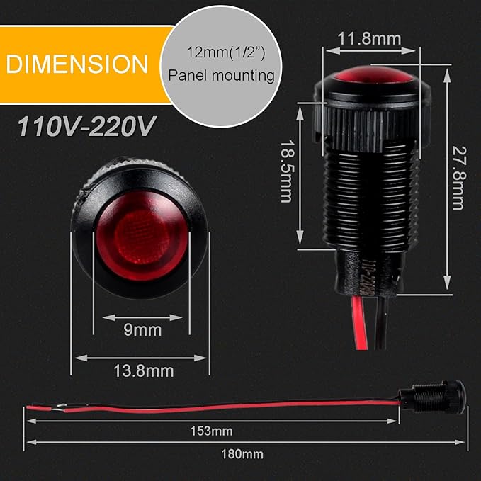 5pcs 12mm LED Indicator Light Plastic Black Signal Dot Lamp 110-220V AC 1/2 inches Mounting Hole Size with 15cm/5.9in. Wire (Red LED)