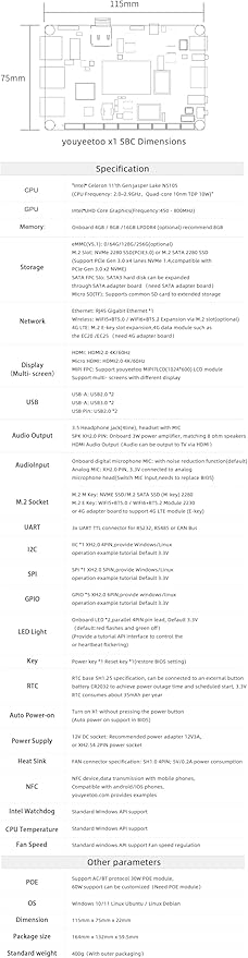 WayPonDEV youyeetoo X1 X86 Single Board Computer - A 64bit Windows 10/11/Linux Mini PC with Celeron N5105 CPU, Support Optional WiFi&BT NFC, PCIE 3.0 M.2 2280 NVMe or SATA SSD (8GB RAM+128GB Storage)