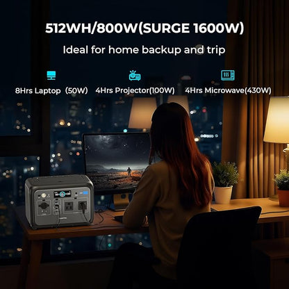OUKITEL Portable Power Station 800W（Peak 1600W), 512Wh Solar Generator 1 Hour Fast Charging LiFePO4 Battery Backup for Emergency Home Camping RVs(Solar Panel Optional)