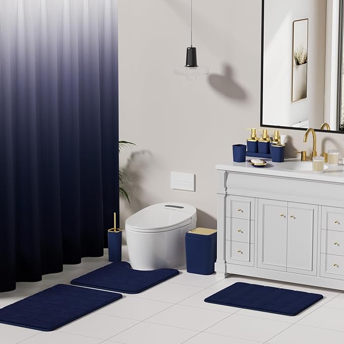 Bathroom Sets with Shower Curtain and Rugs, 27PC Bathroom Accessory Set, Blue Bathroom Set, Navy Blue Bathroom Accessories Set with Trash Can, Toilet Brush and Soap Dispensers