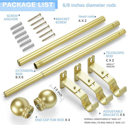 Curtain Rods for Windows 16 to 76 Inches, Curtain Rod Max Adjustable Length of 88 IN, 6/8" Diameter Drapery Rods Round Finials, Warm Gold, Pack of 2