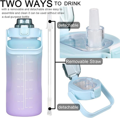 RYI Large Half Gallon 64 OZ Motivational Water Bottle with Straw Time Marker BPA Free for Sport and Fitness Blue Purple