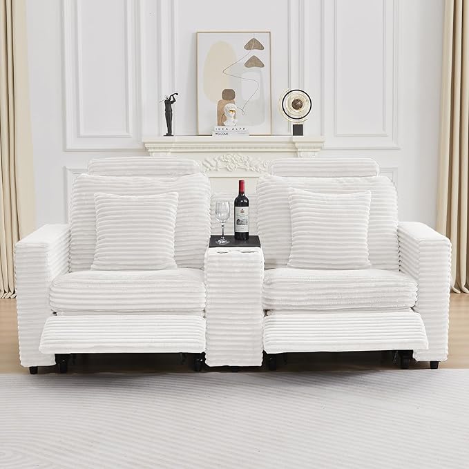 LEVNARY 2-Seater Modular Reclining Sofa with Center Console, Faux Rabbit Fur Power Recliner Loveseat with Cup Holders, USB Charging, Side Pockets & 2 Pillows, Living Room Furniture (White)