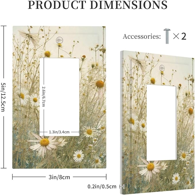 White Wildflowers Daisy Vintage Floral Decorative Outlet Covers 1 Gang Single Rocker Light Switch Cover Plate Wall Plates GFCI Faceplate for Bed Room Living Room Decor