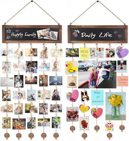 Bikoney 2-Pack Picture Frames Collage Wall Decor Photo Display Photo Board Wood Rustic Frames for Wall Decor and Party with 2 Blackboard and 60 Clips Carbonized Black