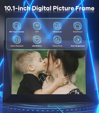 Cozyla 10.1'' WiFi Digital Picture Frame AI-Enhanced Free Unlimited Storage Auto-Rotate Share Photo＆Video via Apps from Phone Smart Digital Photo Frame Electric Picture Frame Slideshow Display Black