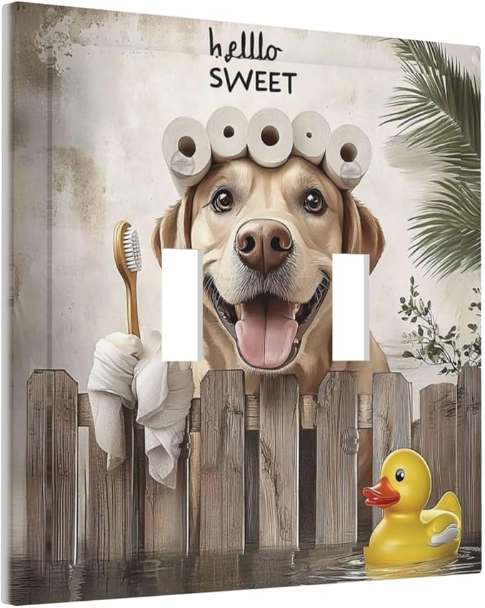 Funny Dog Rustic Farmhouse Wooden Fence Labrador Decorative Switch Plates 2 Gang Double Toggle Outlet Light Switch Cover Wall Plate Electrical Faceplate For Kids Room Bathroom Decor