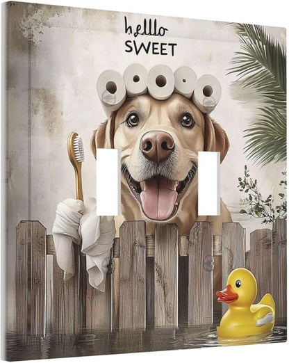 Funny Dog Rustic Farmhouse Wooden Fence Labrador Decorative Switch Plates 2 Gang Double Toggle Outlet Light Switch Cover Wall Plate Electrical Faceplate For Kids Room Bathroom Decor