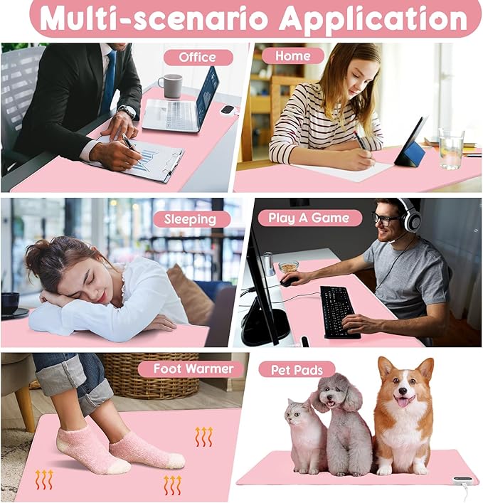 Konohan Heated Large Desk Mat PU Leather Warm Mouse Pad with 5 Heating Level & 4 Hour Auto Shut-Off Heating Keyboard Pad Warmer Gaming Mice Mat Only Supports 110v(Pink Color,35.4"x 14.2")