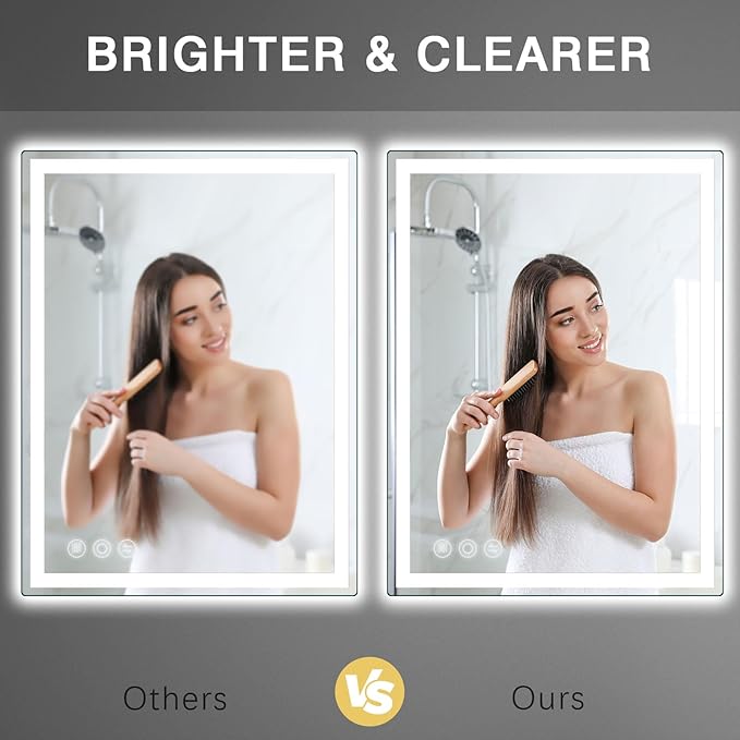 LED Bathroom Mirror 24"x 40" with Frontlit and Backlit, Anti-Fog, Stepless 3 Colors Temperature & Dimmable, Memory Tempered Glass