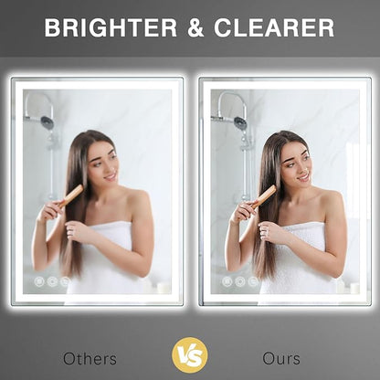 Bathroom Mirror, 28"x 36" Vanity Mirror with Lights, LED Mirrors with Anti-Fog, Stepless 3 Colors Temperature & Dimmable, Memory Tempered Glass Bathroom Mirrors for Over Sink