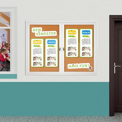 Lockable Outdoor Enclosed Bulletin Board, Weatherproof Cork Noticeboard with Locking Door, Wall-Mounted Aluminum Framed Display Case for Messages (Silver Frame & Cork, 44x32 in)