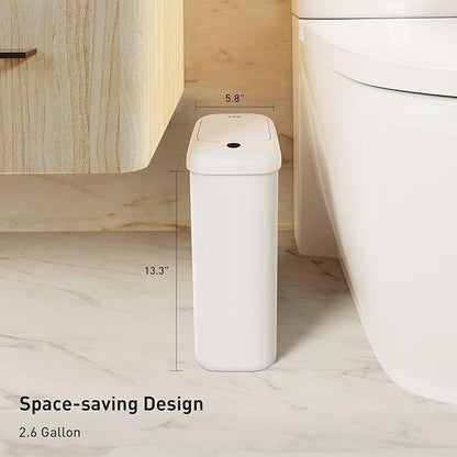 EKO Automatic Bathroom Trash Can with Lid, 2.6 Gallon Slim Touchless Garbage Can, Waterproof Motion Sensor Trash Bin for Bathroom, Office, Kitchen, White