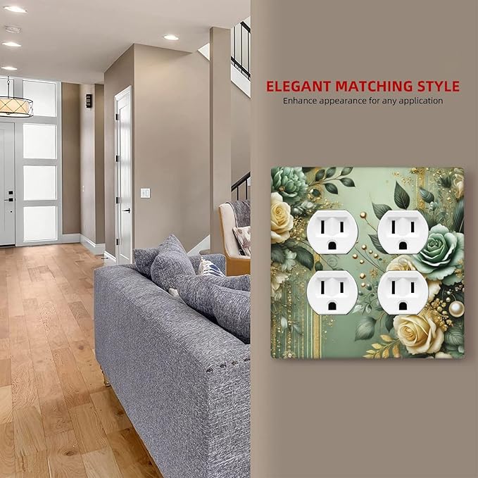 Decorative Outlet Covers Rustic Green Floral Leaves Teal Flowers Gold Stripe 2 Gang Wall Plate Cover Double Duplex Receptacle Two Switch Light Switch Cover Plate Faceplate