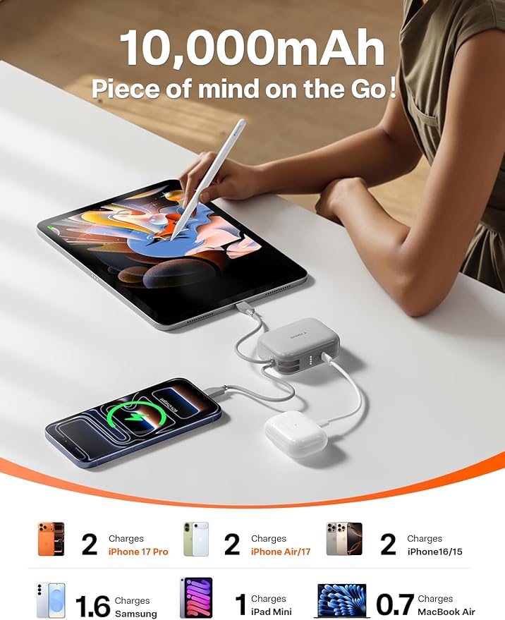 TORRAS EasyGo Portable Charger, 45W Fast Charging 10000mAh Power Bank [Travel & Daily Essentials] Built in Cable USB C, Phone Battery Pack Powerbank for iPhone Air/17/16/15 Series, Samsung, iPad etc