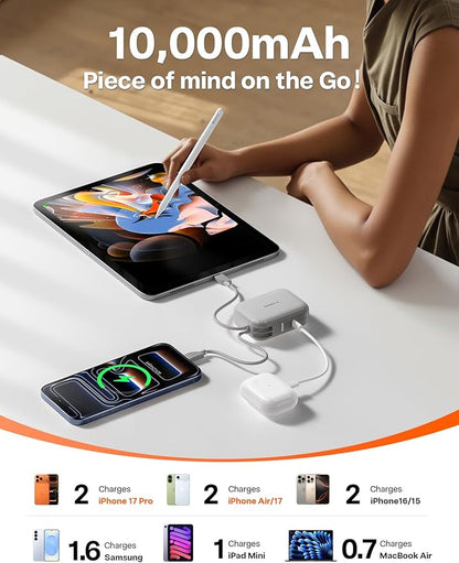 TORRAS EasyGo Portable Charger, 45W Fast Charging 10000mAh Power Bank [Travel & Daily Essentials] Built in Cable USB C, Phone Battery Pack Powerbank for iPhone Air/17/16/15 Series, Samsung, iPad etc