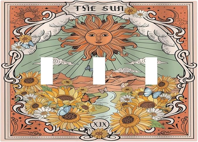 Boho Retro Sun Sunflower Vintage Flower Butterfly Decorative Switch Plates 3 Gang Wall Plate Triple Toggle Light Switch Cover Faceplate Electrical Wall Panels for Farmhouse Home Decor