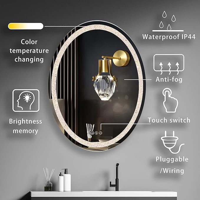 LED Oval Crystal Bathroom Vanity Mirror with Lights - 20x30inch Smart Wall Mirror with 3Color Anti-Fog Dimmable Touch Memory Crystal Light