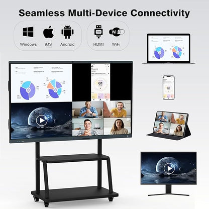 86 Inch Interactive Whiteboard, All in One Electronic Whiteboard for Classroom and Office, 4K Touchscreen Digital Smart Board with Camera and Mics (Board+Movable Stand+Wall Mount)