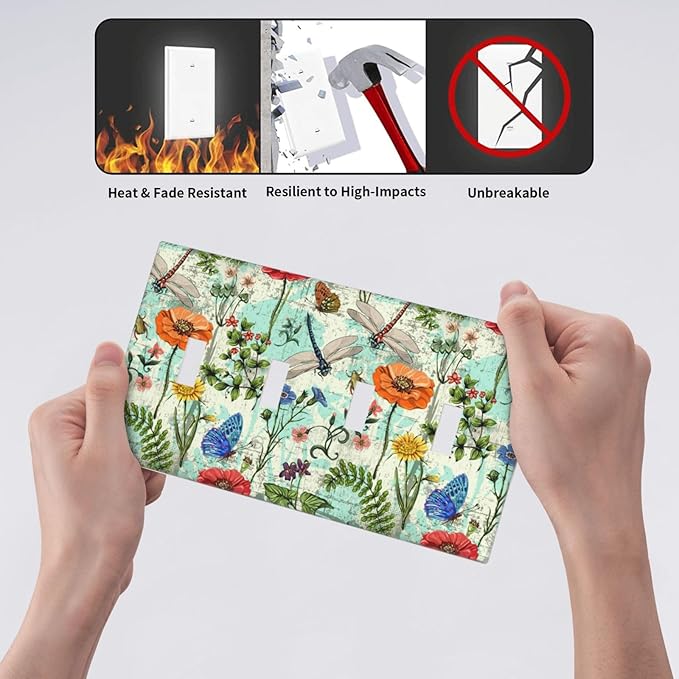 Dragonflies Flowers Butterfly 4 Gang Quad Toggle Outlet Light Switch Cover Decorative Wall Plate Cover For Home Living Bedroom Kitchen Decorative