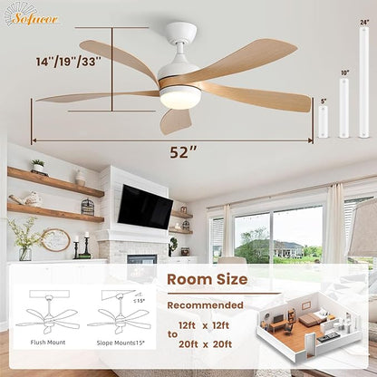 Sofucor 52" Smart Ceiling Fan, Indoor/Outdoor Ceiling Fans with Lights and Remote, Compatible with Alexa/Google/App, 3-Color Light 6-Speed Timing Reversible DC Motor for Bedroom Living Room Patio
