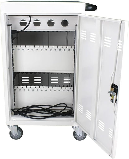 35 Device Charging Cart for Laptops and Tablets Up to 16.3-inch, Mobile Charging Station with AC Outlets, Secure Storage and Cable Management, Mobile Charging Cabinet for Ipads, Chromebooks, White
