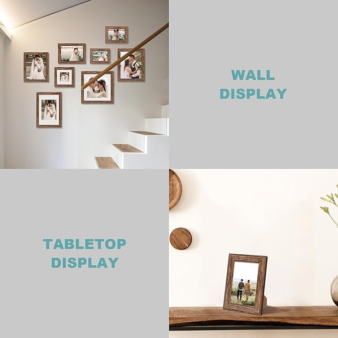 iRahmen 6x9 Picture Frame Set of 4, High Definition Real Glass Rustic Wood Frame, 6 x 9 Photo Frames for Tabletop Display and Wall Mounting