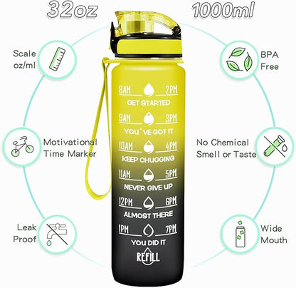 Enerbone Water Bottle, Leakproof BPA & Toxic Free, Motivational Water Bottle with Times to Drink and Straw, Fitness Sports Water Bottle with Strap for Office, Gym, Outdoor Sports