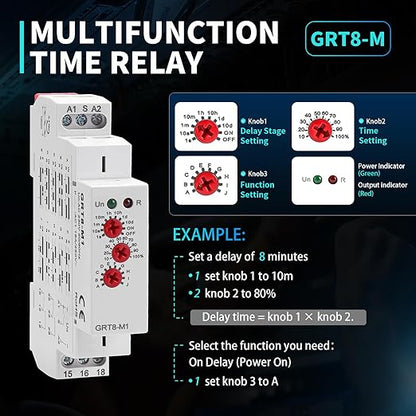 Time Relay Multifuction GRT8 M1 AC 230V with 10 Relay Timer Control Delay Function Mode DIN Rail Electronic Relays of Wide Time Delay Range for 0.1 Seconds to 10 Days