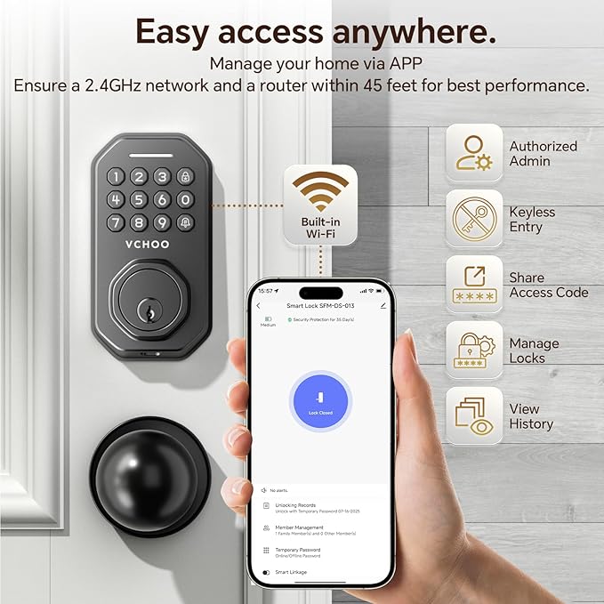 Keyless Entry Door Lock with 2 Knobs App Control Smart Locks for Front Door WiFi Door Lock Set Automatic Lock One Time Password Anti Peeping Password IP54, Black