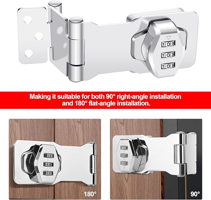 1 Pack Password Rotary Hasp Locks, Collapsible Solid 304 Stainless Steel File Cabinet Lock Desk Drawer Lock, for 90 Degree and 180 Degree Drawers, Dabinets, Doors, Flip Barn Door, Outdoor (White)