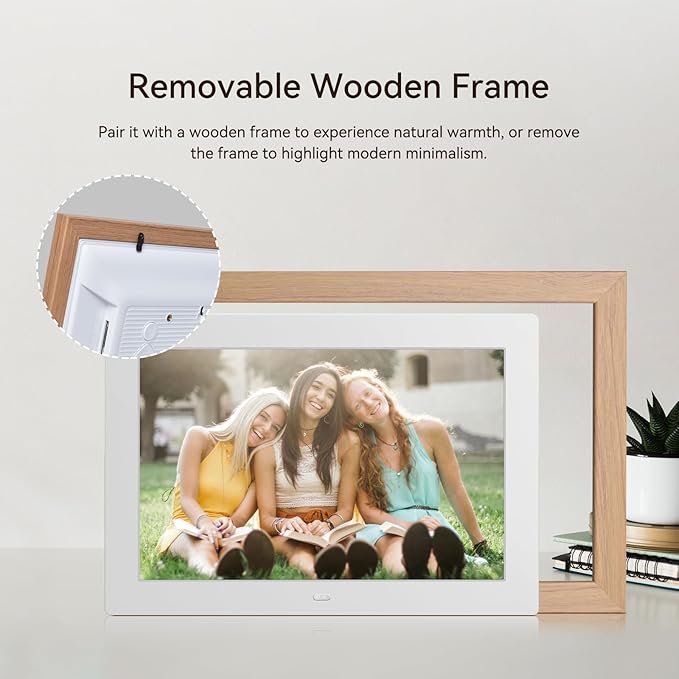 10.1" Digital Picture Frame with Remote Control, 1280 * 800 IPS Full View Ultra Clear Screen, Removable Wooden Frame, Share Videos Photos Send Wishes Auto-Rotate Slideshow Non-WiFi