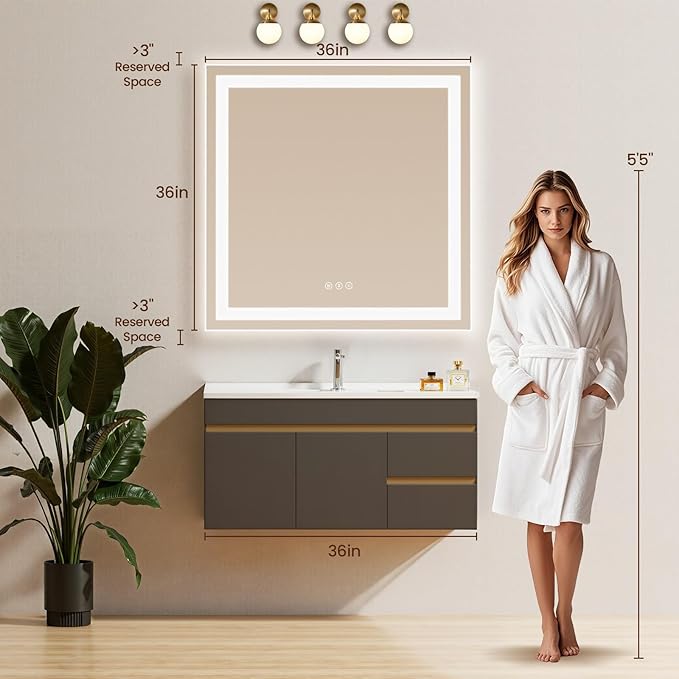 36X36 LED Bathroom Mirror with Lights, Anti-Fog, Backlit + Front Lit (CRI>90), Lighted Bathroom Vanity Mirror for Wall, Memory Function, Dimmable, Tempered Glass, Shatter-Proof