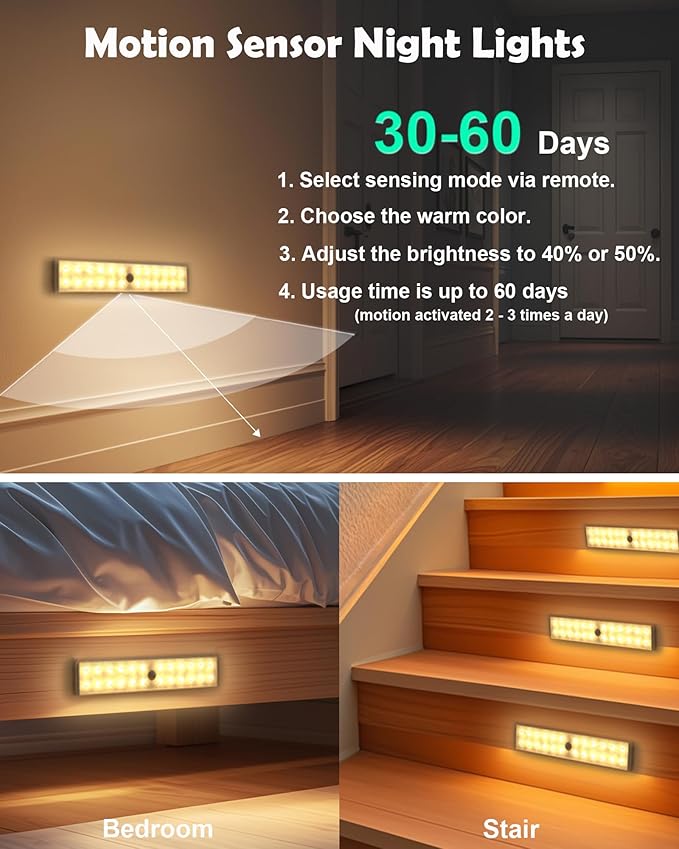 SZOKLED Motion Sensor Under Cabinet Lights, 58-LED RGB Closet Lights Wireless, 1100mAh Rechargeable Under Cabinet Lighting Dimmable Night Lights for Kitchen,Bedroom,Wardrobe,Hallway,Stairs (2 Pcs)