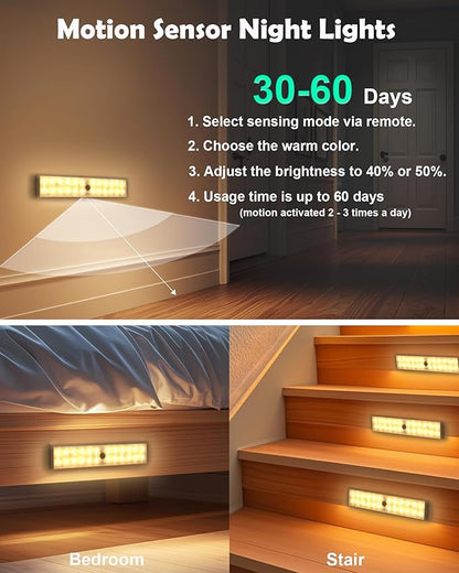 SZOKLED Motion Sensor Under Cabinet Lights, 58-LED RGB Closet Lights Wireless, 1100mAh Rechargeable Under Cabinet Lighting Dimmable Night Lights for Kitchen,Bedroom,Wardrobe,Hallway,Stairs (2 Pcs)