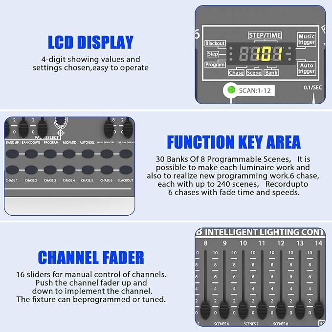 DJ Controller 384CH Fog DMX-512 DJ Controller Support 30 Banks 8 Scenes 24 fixtures Stage Lighting Console for Program Editing of DJ Lights Show Bar Club Live