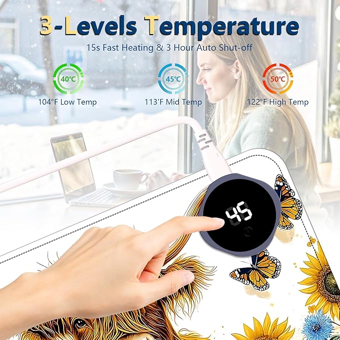 Heated Mouse Pad with 3 Temperature Settings(104°F–122°F),Large 31.5x13 Inch PU Leather Heated Desk Mat,Waterproof Warming Pad for Office,Gaming & Cold Hands Relief,Sunflower Cow